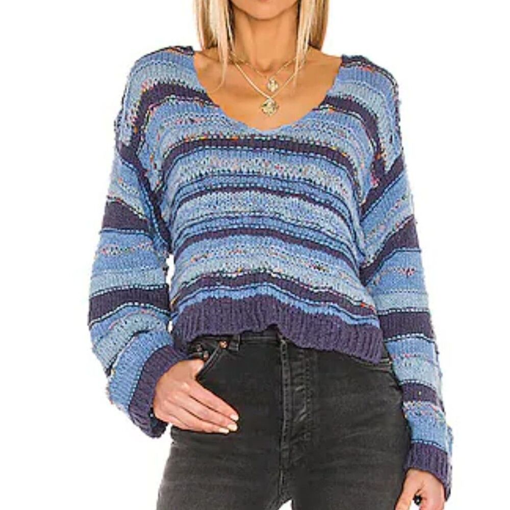 Free People Lake Life Pullover Sweater Womens Size XS Bottled Blue Combo Cropped